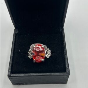 Red Floral Glass Statement Ring with Silver Filigree - Women's Jewelry